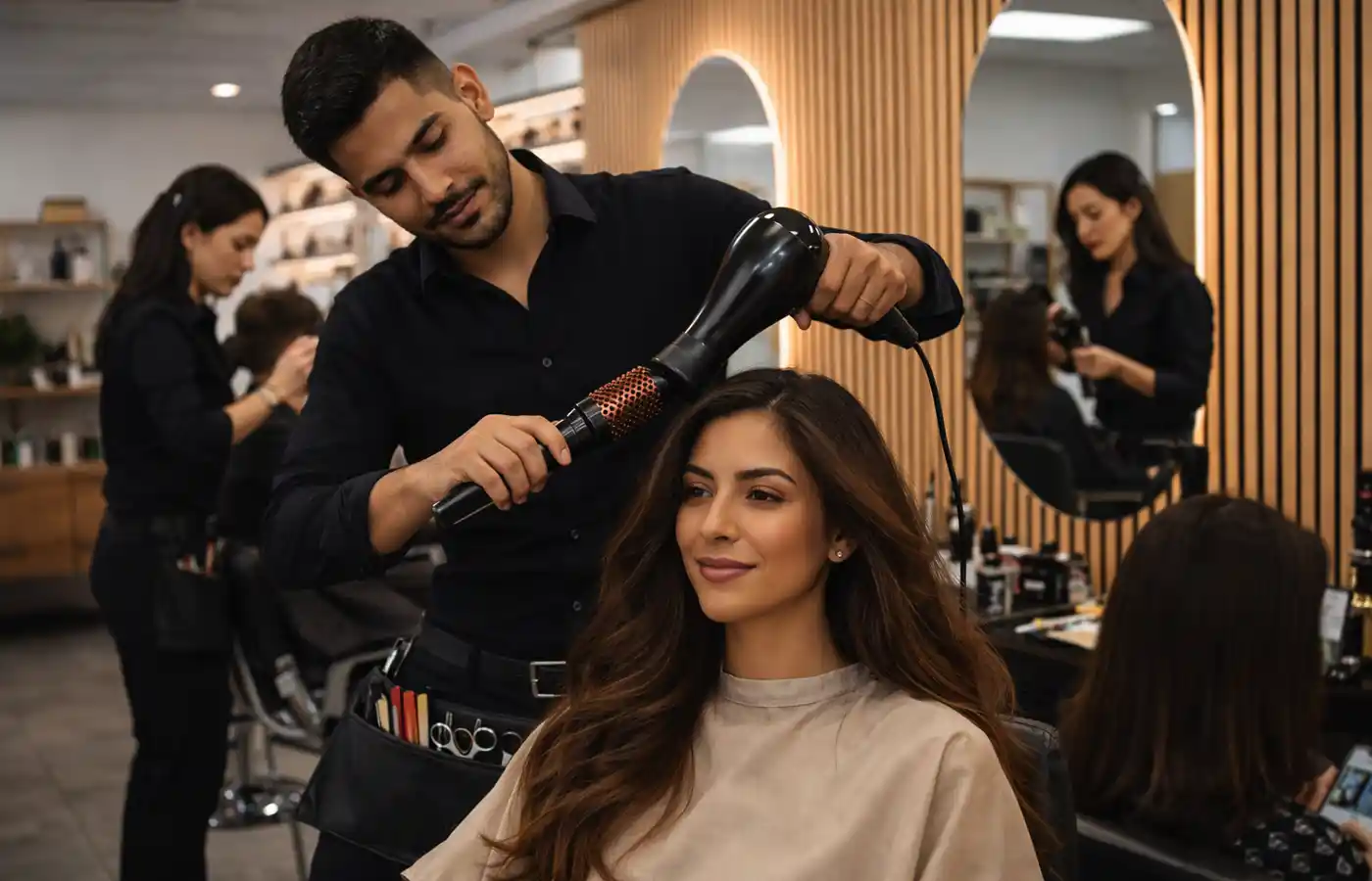 Latino hairstylist working with client in busy salon